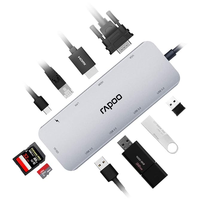 Rapoo Type C |10 in 1 with HDMI, USB 3.0, Type C, RJ45, VGA, Card Reader